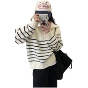 Striped Half-zipper Pullover Sweater Women's Autumn and Winter New Loose Lazy Wind Thick Knitted Sweater