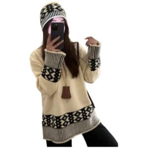 Retro Jacquard Knitted Sweater for Autumn and Winter Wear with Lazy Sweater Loose Top with Cap Set