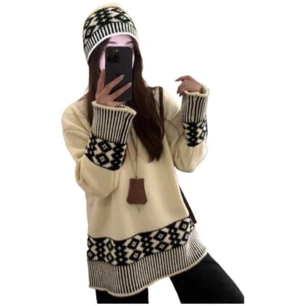 Retro Jacquard Knitted Sweater For Autumn And Winter Wear With Lazy Sweater Loose Top With Cap Set
