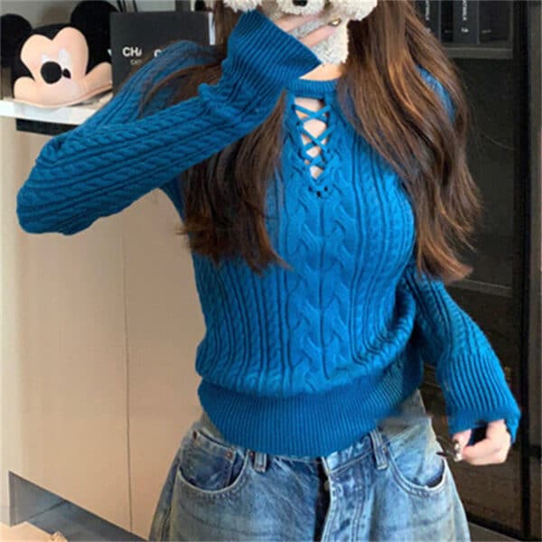 Autumn And Winter New Retro Design Long-Sleeved Knitted Sweater Slim And Thin Fashion Hollow Bottom Top Women'S Clothing - Image 9