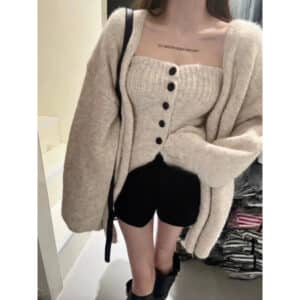 Sexy Tube Top Cardigan Women's Autumn and Winter New Gentle Soft Waxy Lazy Wind Sweater-2 PCS SET