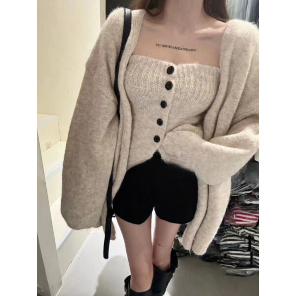 Sexy Tube Top Cardigan Women'S Autumn And Winter New Gentle Soft Waxy Lazy Wind Sweater-2 Pcs Set