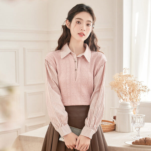 Spring New Sweet Fake Two-Piece Contrasting Striped Long-Sleeved Shirt Women'S Design Sense Splicing Knitted Top - Image 3