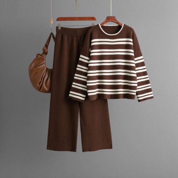 Striped Sweater Set Autumn And Winter 2024 New Loose Fashion Casual Wide-Leg Pants Knitted Two-Piece Set - Image 7