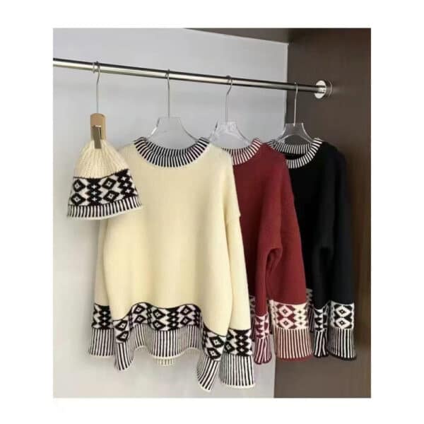 Retro Jacquard Knitted Sweater For Autumn And Winter Wear With Lazy Sweater Loose Top With Cap Set - Image 6