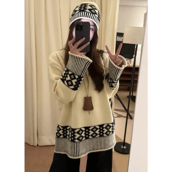 Retro Jacquard Knitted Sweater For Autumn And Winter Wear With Lazy Sweater Loose Top With Cap Set - Image 3