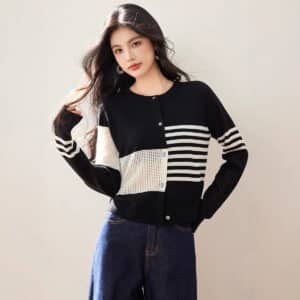 Spring New Korean Lazy Niche Irregular Hollow Texture Striped Crew Neck Cardigan Knitted Top Women
