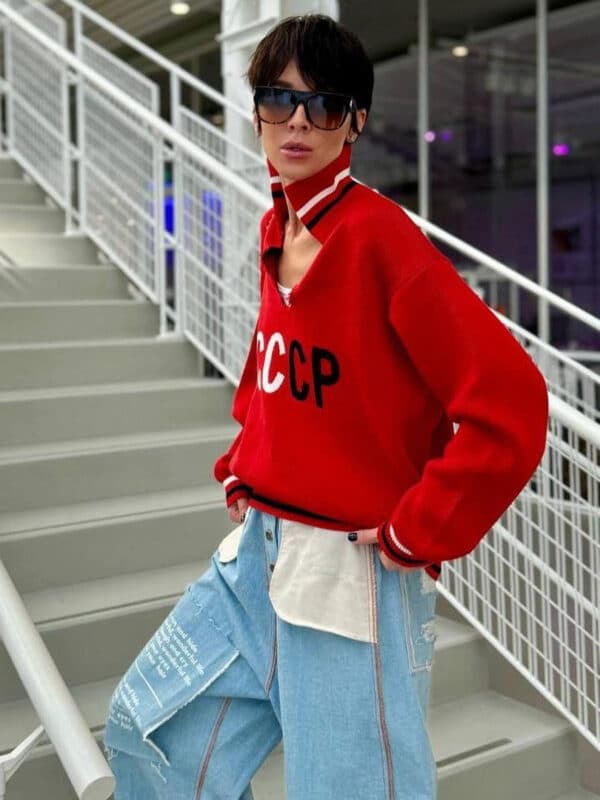 Letter Jacquard V-Neck Women'S Winter Casual Loose Lazy Wind Versatile Pullover Knitted Sweater - Image 8