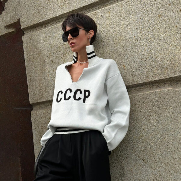 Letter Jacquard V-Neck Women'S Winter Casual Loose Lazy Wind Versatile Pullover Knitted Sweater - Image 3