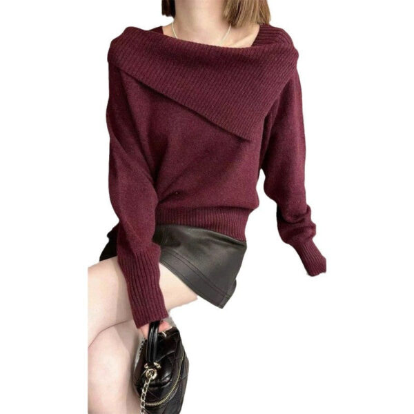 Irregular One-Word Shoulder Knitted Bottoming Shirt For Women'S Autumn And Winter Inner Sweater Long-Sleeved Top For Women - Image 5