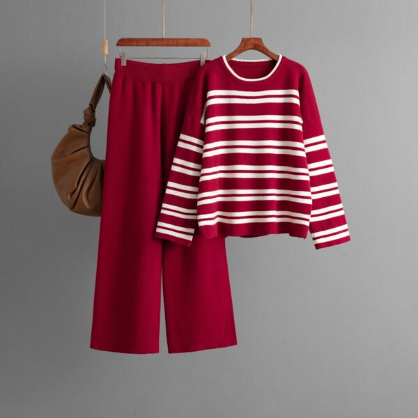 Striped Sweater Set Autumn And Winter 2024 New Loose Fashion Casual Wide-Leg Pants Knitted Two-Piece Set - Image 3