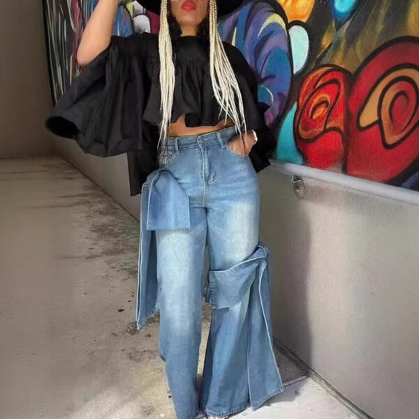 Women'S Patch Pocket Jeans High Waist And Butterfly Tie Design Street Casual Style Solid Color Wide Leg Pants - Image 3