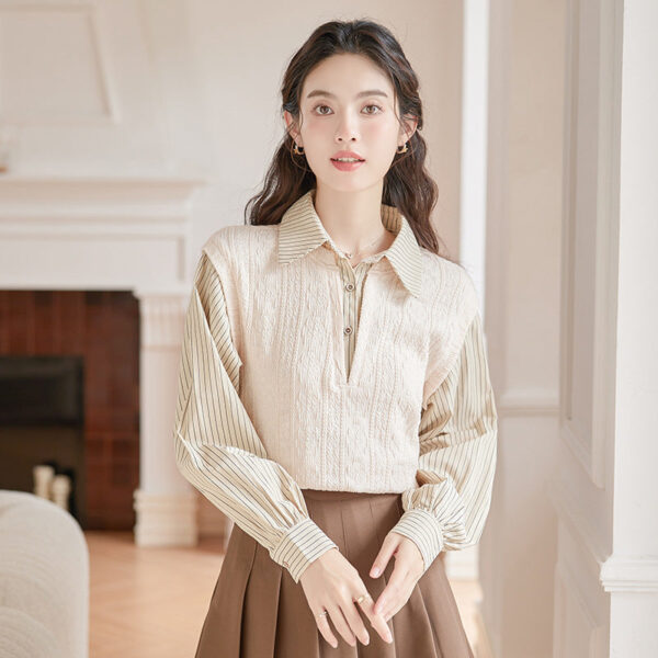 Spring New Sweet Fake Two-Piece Contrasting Striped Long-Sleeved Shirt Women'S Design Sense Splicing Knitted Top - Image 4