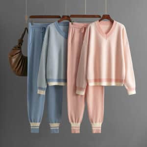 Autumn and winter new sweater set knitted striped V-neck large size loose long-sleeved commuter two-piece set