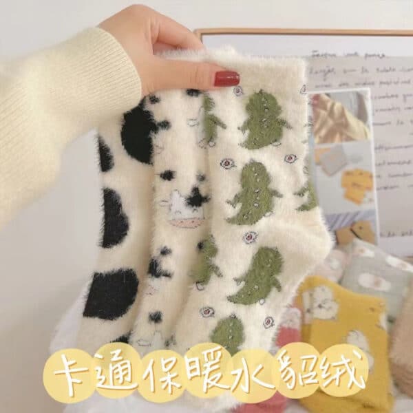 5Prs-Cartoon Mink Fleece Women'S Thickened Warm Cute Fluffy Home Floor Socks Confinement Sleep Sock