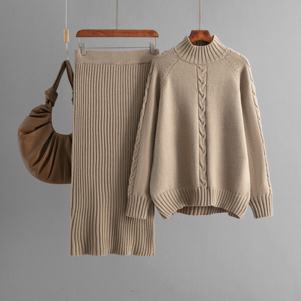 Winter New Sweater Women'S Loose Knitted Semi-Turtleneck Long-Sleeved Threaded Fashion Skirt Set - Image 3