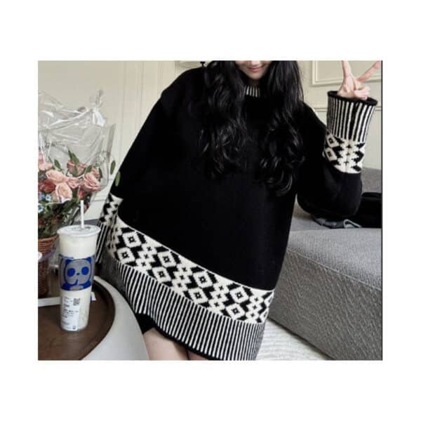 Retro Jacquard Knitted Sweater For Autumn And Winter Wear With Lazy Sweater Loose Top With Cap Set - Image 7