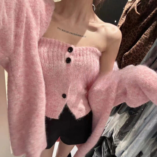 Sexy Tube Top Cardigan Women'S Autumn And Winter New Gentle Soft Waxy Lazy Wind Sweater-2 Pcs Set - Image 6