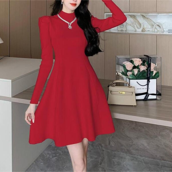Semi-Turtleneck Bubble Sleeves Gentle Wind Temperament Knitted Dress Autumn Spring New Bottom A-Word Sweater Skirt - Image 4