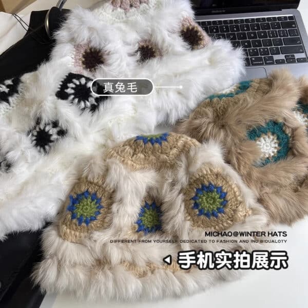Big Puff Plush Rabbit Hair Handwoven Lion Dancing Hat Cold Fisherman Children Cute Plush Knitted Basin Women Hat - Image 4