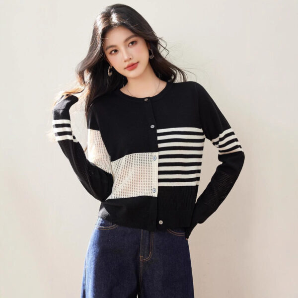 Spring New Korean Lazy Niche Irregular Hollow Texture Striped Crew Neck Cardigan Knitted Top Women - Image 5