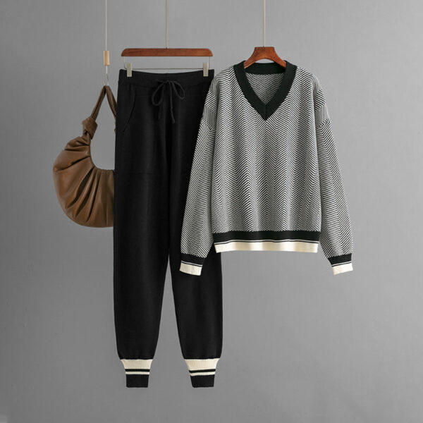 Autumn And Winter New Sweater Set Knitted Striped V-Neck Large Size Loose Long-Sleeved Commuter Two-Piece Set - Image 2