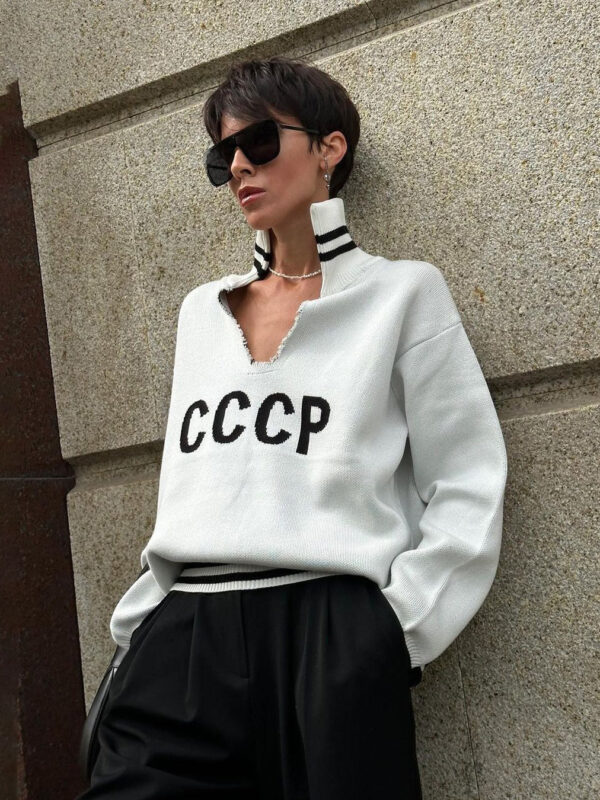 Letter Jacquard V-Neck Women'S Winter Casual Loose Lazy Wind Versatile Pullover Knitted Sweater - Image 7