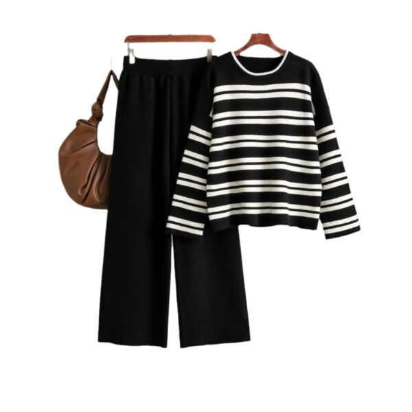 Striped Sweater Set Autumn And Winter 2024 New Loose Fashion Casual Wide-Leg Pants Knitted Two-Piece Set - Image 5