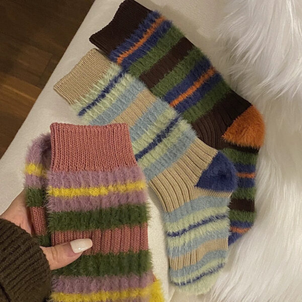 5Prs-Thick Stripes Color Matching Contrasting Imitation Mink Fluffy Socks Sweet Warm Women'S Mid-Tube Socks - Image 4