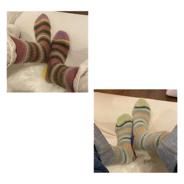 5Prs-Thick Stripes Color Matching Contrasting Imitation Mink Fluffy Socks Sweet Warm Women'S Mid-Tube Socks - Image 5