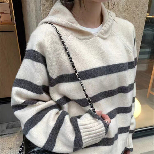 Retro Striped Hooded Sweater Women'S Autumn And Winter Lazy Wind Long-Sleeved Contrasting Color Knitted Sweater - Image 7