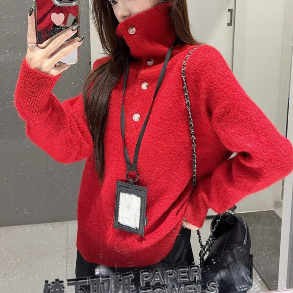 Design Sense New Year'S Turtleneck Red Sweater Women'S New Lazy Style Casual Knitted Sweater Women - Image 2