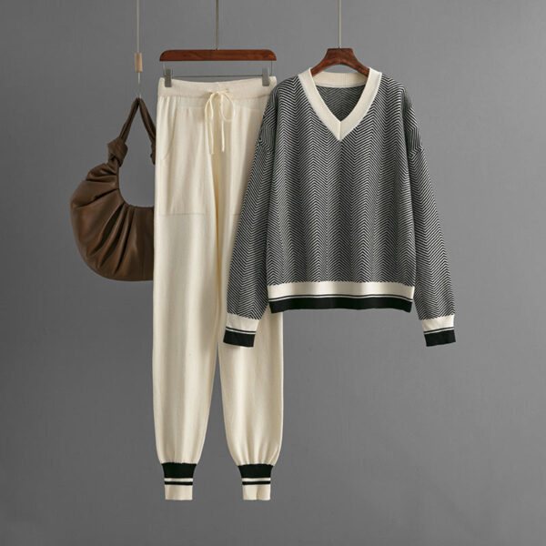 Autumn And Winter New Sweater Set Knitted Striped V-Neck Large Size Loose Long-Sleeved Commuter Two-Piece Set - Image 8