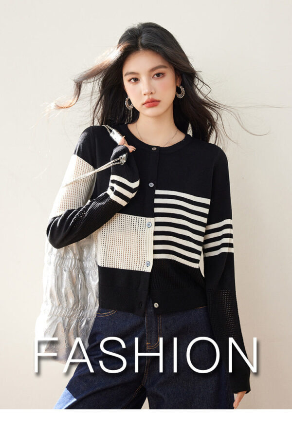 Spring New Korean Lazy Niche Irregular Hollow Texture Striped Crew Neck Cardigan Knitted Top Women - Image 6