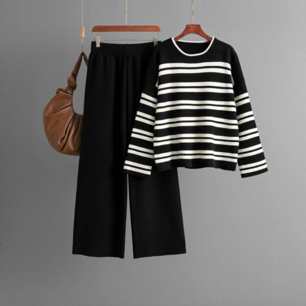 Striped Sweater Set Autumn And Winter 2024 New Loose Fashion Casual Wide-Leg Pants Knitted Two-Piece Set - Image 6