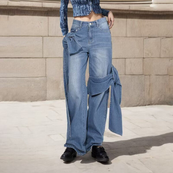 Women'S Patch Pocket Jeans High Waist And Butterfly Tie Design Street Casual Style Solid Color Wide Leg Pants - Image 4