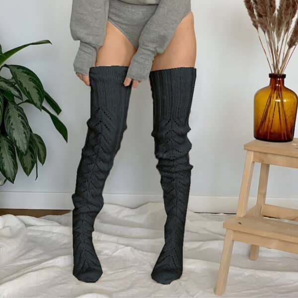 Autumn And Winter Solid Color Hollow Mesh Long Tube Knee Stacking Socks Women'S Fashion Knitted Wool Socks - Image 6