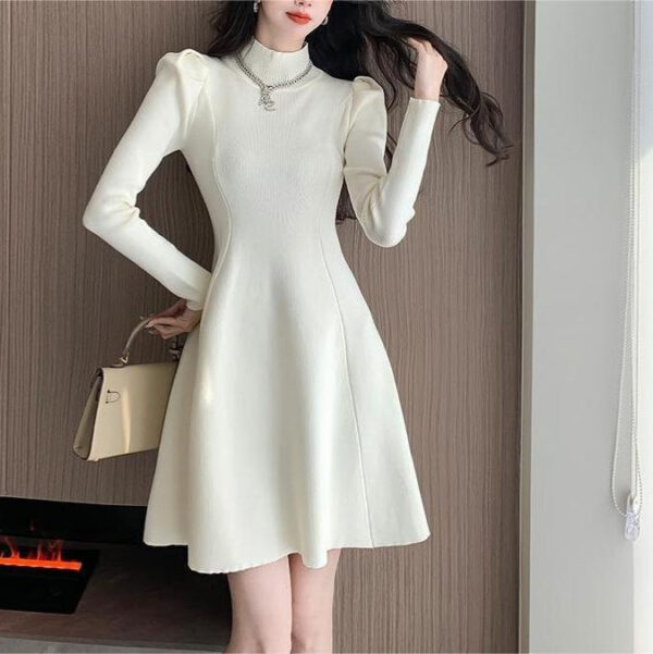 Semi-Turtleneck Bubble Sleeves Gentle Wind Temperament Knitted Dress Autumn Spring New Bottom A-Word Sweater Skirt - Image 6