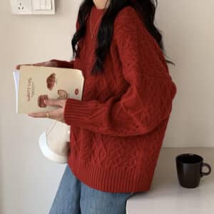 New Year's Red Twist Sweater Women's Autumn and Winter New Retro Lazy Wind Round Neck Pullover