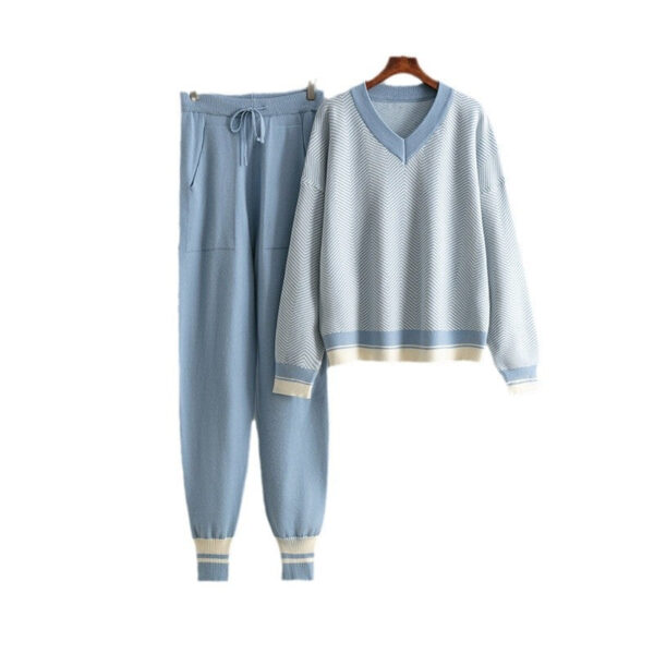 Autumn And Winter New Sweater Set Knitted Striped V-Neck Large Size Loose Long-Sleeved Commuter Two-Piece Set - Image 5