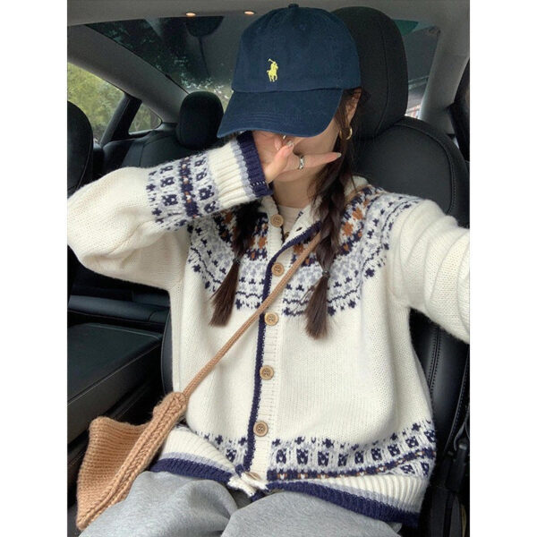 Vintage Fair Island Jacquard Knitted Cardigan Women'S Autumn And Winter New Soft Waxy Sweater Jacket - Image 4