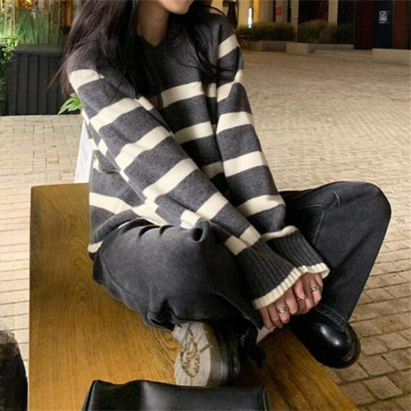 Retro Striped Hooded Sweater Women'S Autumn And Winter Lazy Wind Long-Sleeved Contrasting Color Knitted Sweater - Image 4