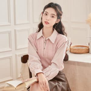 Spring New Sweet Fake Two-piece Contrasting Striped Long-sleeved Shirt Women's Design Sense Splicing Knitted Top