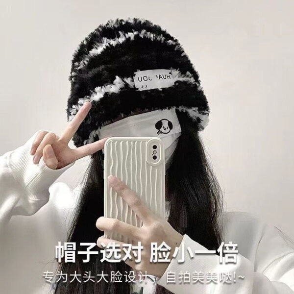 New Knitted Hat Children'S Winter Wool Stripes Show A Small Face Plush Warm Thickened Large Head Circumference Ear Protectors Stacking Hat - Image 4
