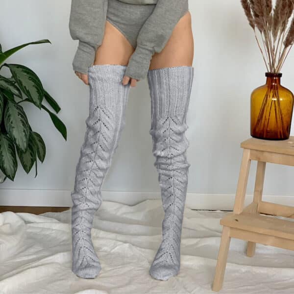 Autumn And Winter Solid Color Hollow Mesh Long Tube Knee Stacking Socks Women'S Fashion Knitted Wool Socks - Image 4