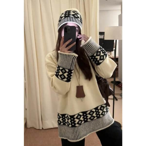 Retro Jacquard Knitted Sweater For Autumn And Winter Wear With Lazy Sweater Loose Top With Cap Set - Image 4