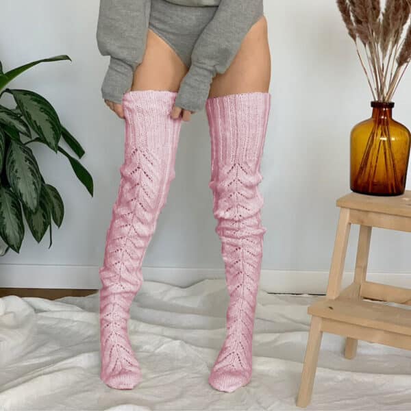 Autumn And Winter Solid Color Hollow Mesh Long Tube Knee Stacking Socks Women'S Fashion Knitted Wool Socks - Image 3