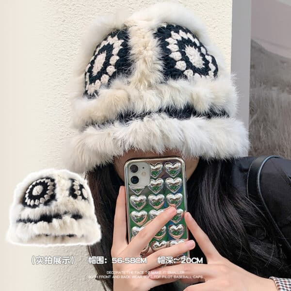 Big Puff Plush Rabbit Hair Handwoven Lion Dancing Hat Cold Fisherman Children Cute Plush Knitted Basin Women Hat - Image 7