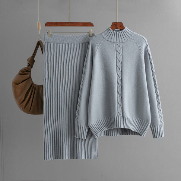 Winter New Sweater Women'S Loose Knitted Semi-Turtleneck Long-Sleeved Threaded Fashion Skirt Set - Image 5