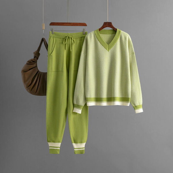 Autumn And Winter New Sweater Set Knitted Striped V-Neck Large Size Loose Long-Sleeved Commuter Two-Piece Set - Image 3